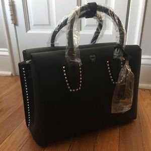 New Original MCM Black Medium Tote with Studs